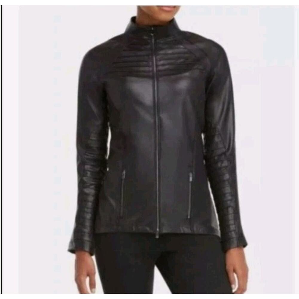 Spanx Faux Leather Moto Jacket Black Medium Full Zip Ribbed Biker Vegan Stretch